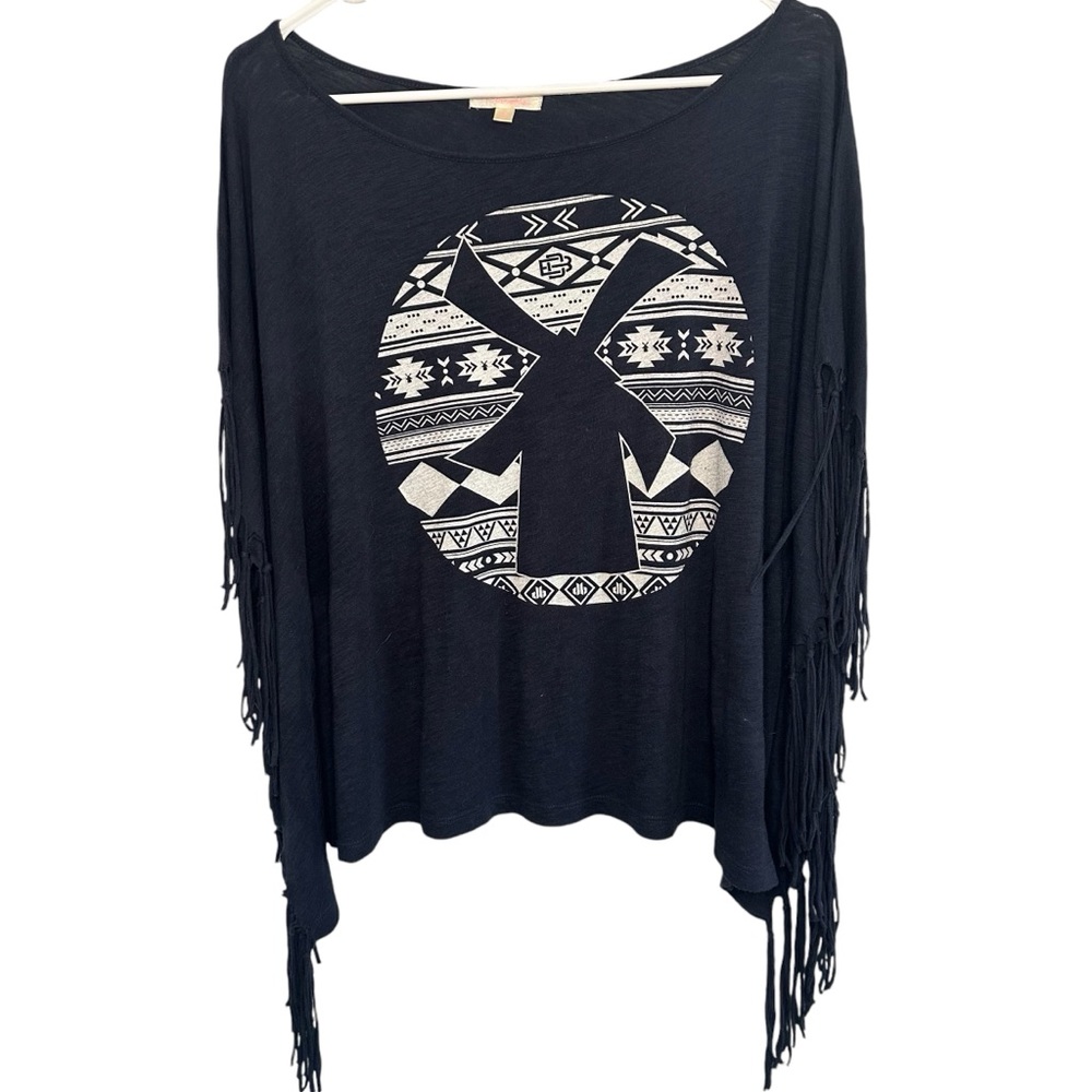 Dutch Bros SMALL Black Fringe Pullover Poncho White Windmill DB 1992 VINTAGE